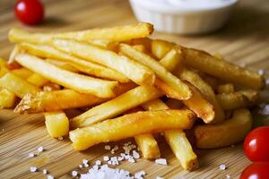 AI generated French fries in a fast food restaurant. Fast food. AI generated. photo