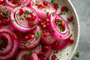 AI generated Red onion rings marinated in pomegranate juice lie on a plate. AI generated. photo