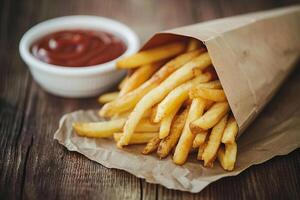 AI generated French fries in a fast food restaurant. Fast food. AI generated. photo