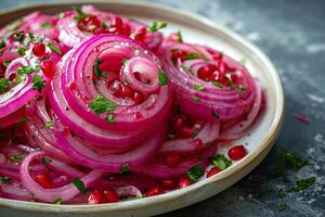 AI generated Red onion rings marinated in pomegranate juice lie on a plate. AI generated. photo