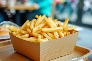 AI generated French fries in a fast food restaurant. Fast food. AI generated. photo