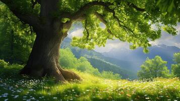 AI generated Spring meadow with big tree with fresh green leaves photo