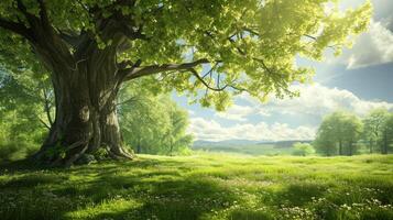 AI generated Big tree with fresh green leaves and green spring meadow photo