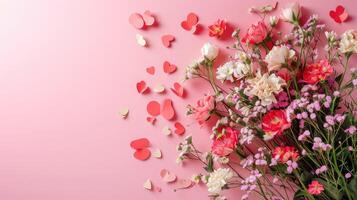 AI generated Bouquet of beautiful spring flowers and paper hearts on pastel pink table for Happy mothers day. Flat lay. photo