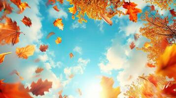 AI generated Autumn landscape. Autumn tree leaves sky background. photo