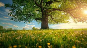 AI generated Spring meadow with big tree with fresh green leaves photo