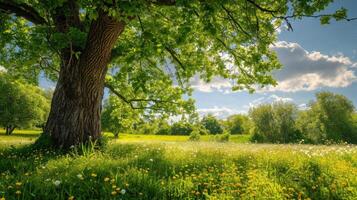 AI generated Spring meadow with big tree with fresh green leaves photo