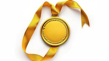 AI generated Gold medal with golden ribbon, faint shadow, isolated on white background. photo