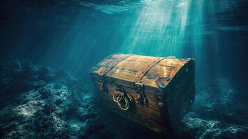 AI generated wooden treasure chest submerged underwater with light rays photo