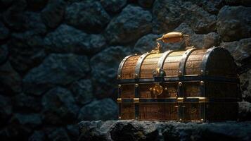 AI generated Wooden treasure chest on dark background photo