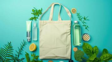 AI generated Eco bag with products on color background photo