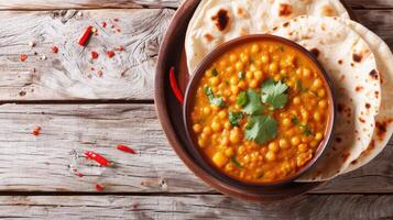 AI generated Indian popular food Dal Tadka Curry served with roti flatbread close-up on the table. horizontal top view from above photo