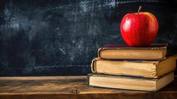 ai generado espalda a colegio antecedentes con libros y manzana terminado pizarra foto