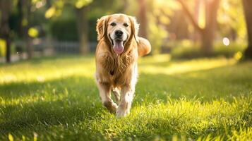 AI generated Smiling Face Cute Lovely Adorable Golden Retriever Dog Walking in Fresh Green Grass Lawn in the Park photo