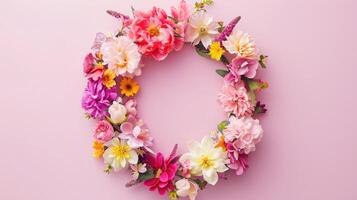 AI generated Spring wreath made of colorful flowers on pink background, place for text, holiday concept. Flat lay photo