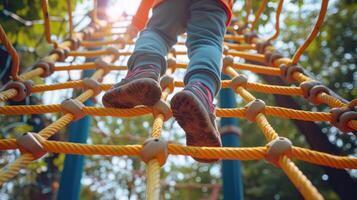 AI generated child climbs up an alpine grid in a park on a playground on a hot summer day. children's playground in a public park, entertainment and recreation for children, mountaineering training. photo
