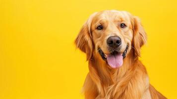 AI generated Happy smiling golden retriever dog blinking eye yellow background studio shot photo