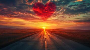 AI generated Red heart shaped sky at sunset. Beautiful landscape with road and clouds.Love background with copy space. Road to love photo