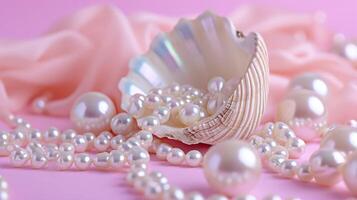 AI generated Beautiful seashell full of shiny pearls on pink background. Concept of value of sea shell pearl and fortune. Symbol of wealthy life photo