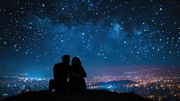 ai generado silueta de un Pareja sentado en parte superior de un colina mirando a el estrellas terminado el ciudad foto