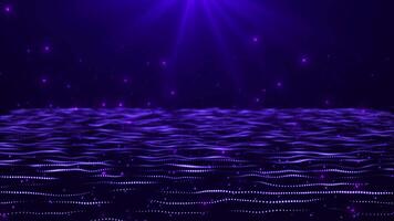 Abstract digital dynamic particle waves with light motion lights background, data flow, cyber technology. 3D rendering. Seamless loop 4k video. Screensaver video animation