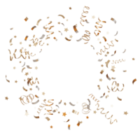 Circle of golden confetti on transparent background. Shiny particles, close up. Party, Merry Christmas, New year, Birthday decoration. Cut out. Perfect for celebrations, invitations. Copy space. 3D png