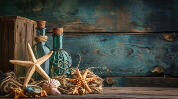 AI generated Sea and ocean gifts on a wooden background. Marine things. Sea products. Water Background for real man captains and sailors. Pirate design. Bottle, rope, star. Underwater treasures photo