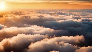 ai generato il sole rottura attraverso il nuvole nel il cielo, illuminante il paesaggio sotto, un aereo tiro sopra bellissimo tramonto nuvole con sole splendente attraverso nebbia, ai generato video