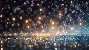 AI generated a blurry image of a bright light in a dark setting, capturing the mysterious and captivating essence of the scene, Blue glitter particles falling in light rays, AI Generated video