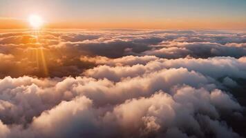 ai generato il naturale fenomeno di il sole splendente brillantemente attraverso il nuvole nel il cielo, un aereo tiro sopra bellissimo tramonto nuvole con sole splendente attraverso nebbia, ai generato video