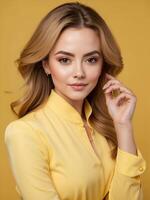 AI generated A working woman with high self-confidence, independent, modern, talkative, beautiful and charming, Yellow background, Stylish portraits. photo