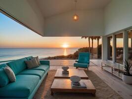 ai generado blanco y turquesa medio siglo moderno estilo playa hogar, interior, puesta de sol foto