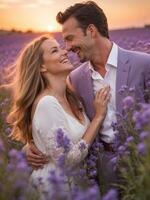 ai generado contento pareja, amor y abrazo riendo en alegre felicidad para unión hora juntos en el al aire libre. foto