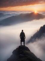 AI generated Successful concept, Silhouette of a man on a mountaintop covered in mist at sunset. photo