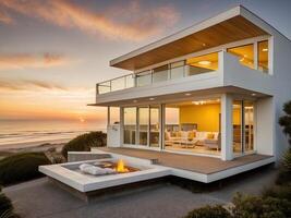 ai generado blanco y amarillo medio siglo moderno estilo playa hogar, interior, puesta de sol foto