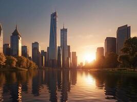 AI generated Cityscape at golden hour, with intricate reflections of the skyscrapers on the glassy surface of a lake in the park. photo