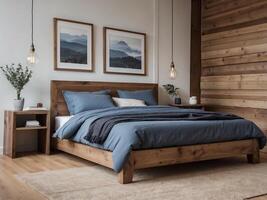 AI generated Rustic wooden bed with blue pillows and two bedside cabinets with posters frames. Farmhouse interior design of modern bedroom. photo