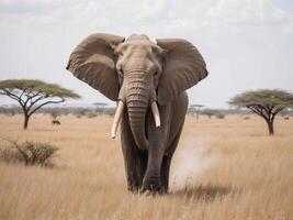 ai generado un impresionante visión se despliega como un africano elefante graciosamente deambula el iluminado por el sol sabana, rodeado por el dorado matices de el pastizales foto
