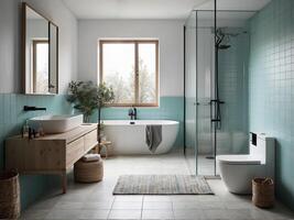 AI generated Japandi Elegance, Scandinavian-Style Modern Bathroom in White and Turquoise photo