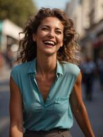 AI generated Outdoors portrait of beautiful young woman laughing photo