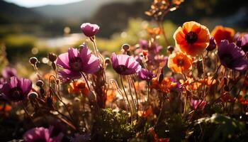 ai generado hermosa prado de vistoso flores en el puesta de sol generado por ai foto
