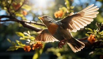 AI generated A small bird perching on a green branch generated by AI photo