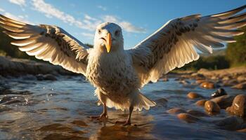 ai generado Gaviota volador en medio aire, extensión alas a puesta de sol generado por ai foto