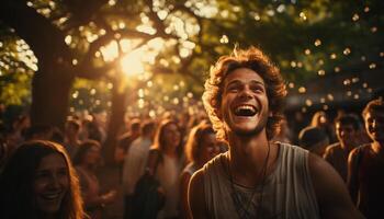 ai generado sonriente hombres y mujer disfrutar despreocupado verano fiesta generado por ai foto