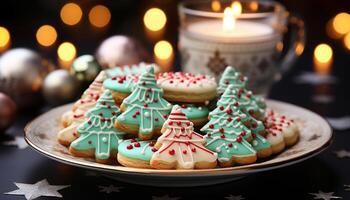 AI generated Homemade snowflake shaped shortbread, decorated with icing generated by AI photo