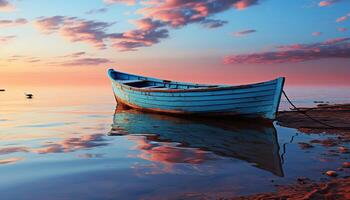 AI generated Sunset over tranquil sea, fishing boat sails home generated by AI photo