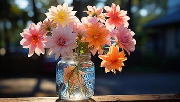 ai generado frescura de naturaleza en un ramo de flores en un mesa generado por ai foto