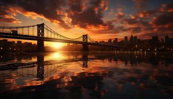 AI generated City skyline reflects in water at sunset generated by AI photo