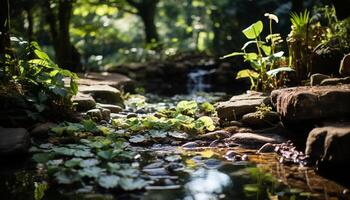 ai generado verde hojas reflejar en el tranquilo estanque generado por ai foto