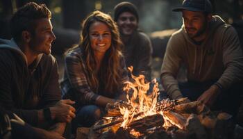 ai generado grupo de joven adultos sentado alrededor hoguera, sonriente generado por ai foto